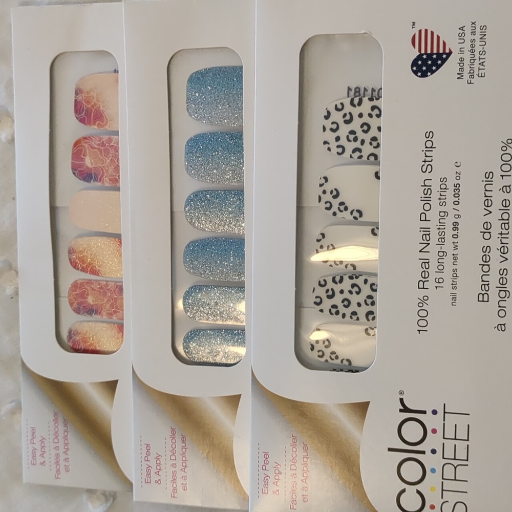 Color street French riviera, spot on, & poppy that nail polish strips